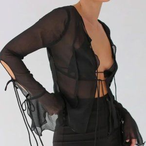 Shop Rumored Black Flouncy Sheer Tie Front Long Sleeve Blouse